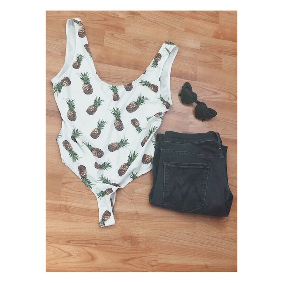 Tops - Pineapple Print Scoop Back Bodysuit Tops - Pineapple Print Scoop Back Bodysuit